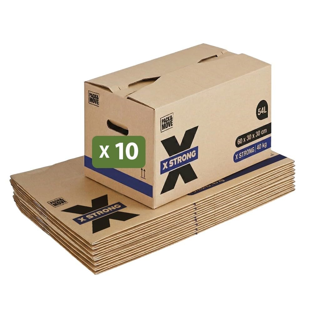 Pack and Move - Zestaw 10 kartonów do przeprowadzki X Strong - 60 x 30 x 30 cm - Obciążenie 40 kg - Ekstremalna wytrzymałość - Duża pojemność