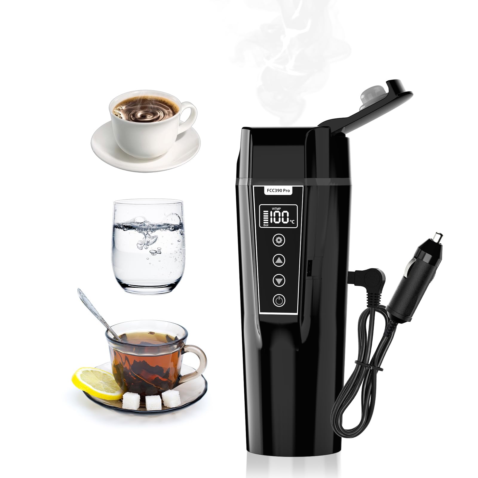 Elektrischer Wasserkocher für das Auto, 12 V/24 V, tragbarer Reisewasserkocher für LKW, Kaffee- und Teemaschine mit Innenmaterial aus Edelstahl 304, Temperaturregelung, 450 ml
