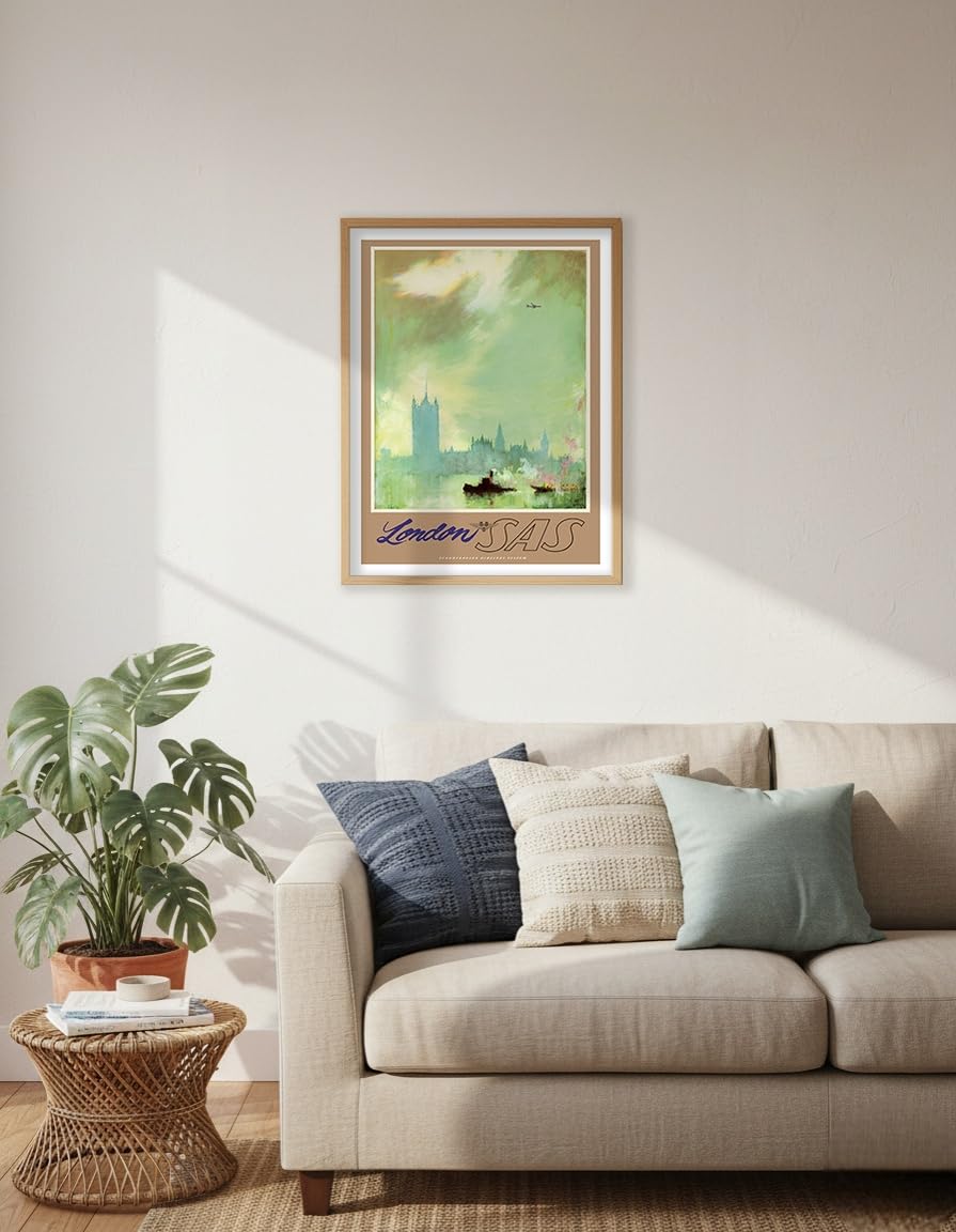 Pacifica Island Art Poster, Motiv London - River Thames - SAS Scandinavian Airline Airline Reiseplakat von Otto Nielsen c.1960er Jahre, Kunstdruck, Kunstdruck 8 x 12 in Tin Sign Mehrfarbig