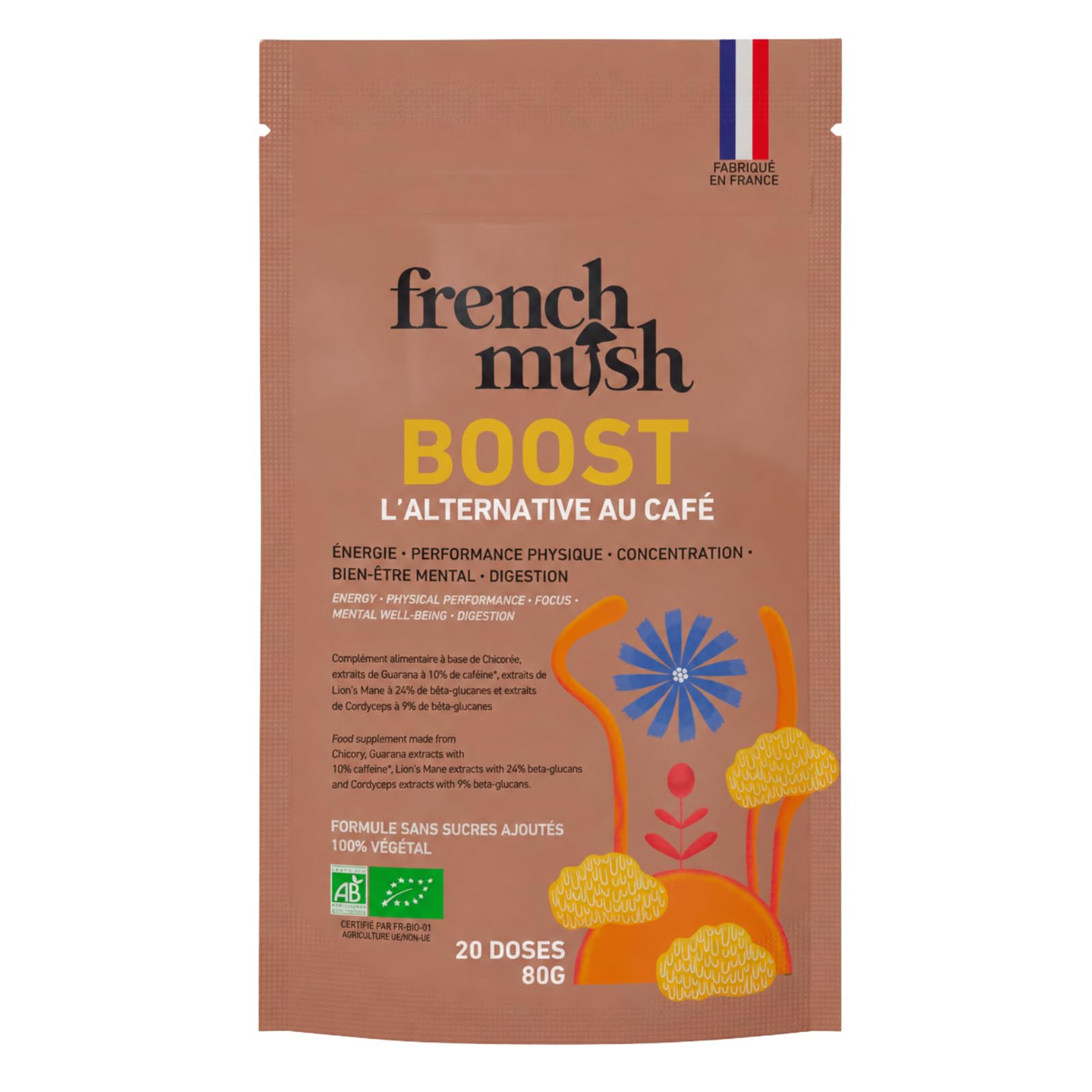 French Mush BOOST - Alternative Café aux Champignons Adaptogènes Bio : Lion’s Mane & Cordyceps - Focus, Énergie & Digestion - Alternative Végétale au Café Soluble - Fabriqué en France - 20 Doses
