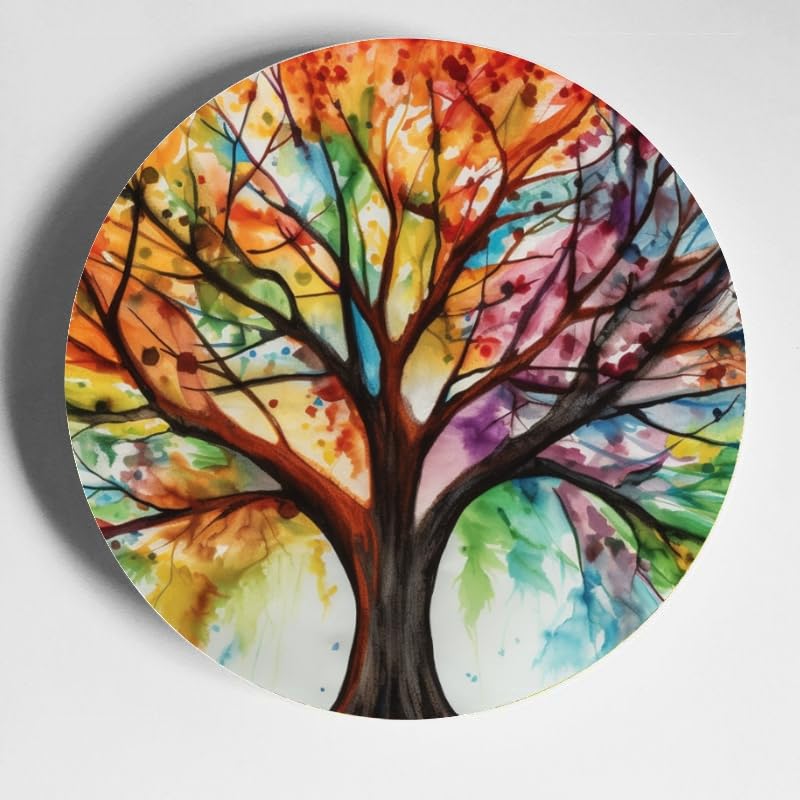 DNOVING Tie-dye Rainbow Tree Ceramic Decorative Plate Home Display with Stand, Versatile for Home & Office DP-117655489
