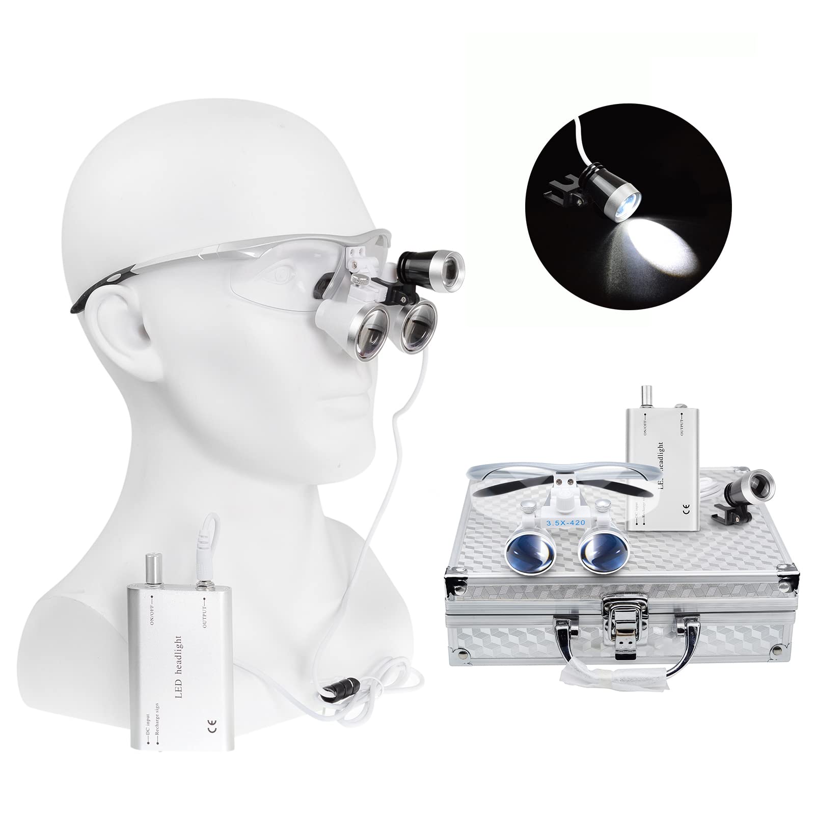 Bonew Dental Binocular Loupes Kit 3.5x 420mm LED Headlight Aluminum Case Silver