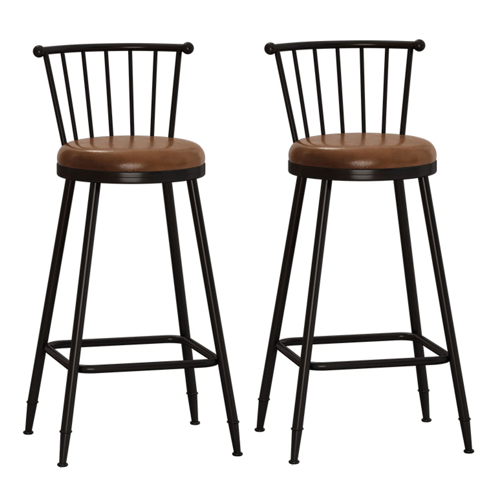 KLZUOPT Luxury Barstool Faux Leather High Bar Stool Breakfast Stool with Backrest Black Metal Legs Counter Chair for Pub, Bar, Restaurant or Home 2Pcs,Brown Cushion,75cm Sitting Height