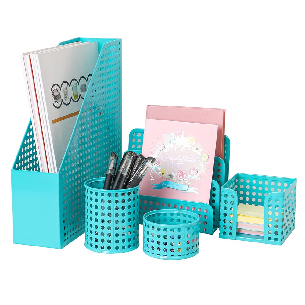 Office Desk Organiser with 5 Piece Set - A4 3Tier Filing, Pen, Memo, Letter Sorter & Post-it (Blue) - Image 3