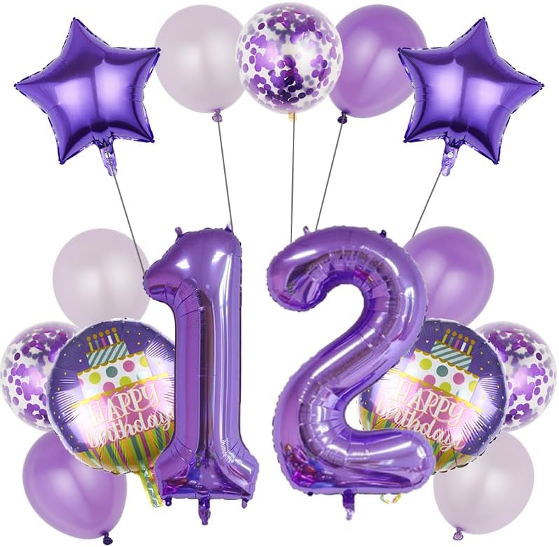 12th Birthday Decorations Party Supplies,15 Pcs 40inch Number 12 Purple Balloons set,12th Foil Mylar Balloons Latex Balloon Decoration,12th Party Balloons,12th Anniversary Party Decorations