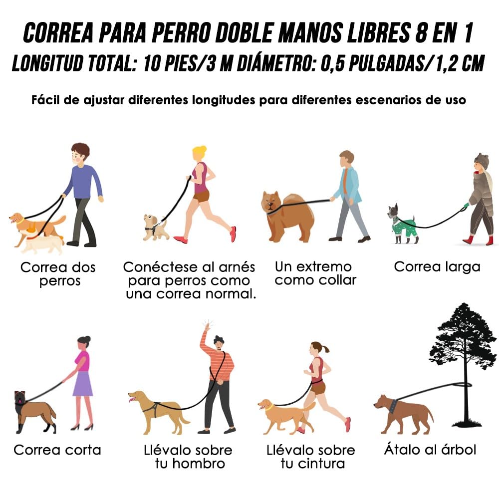 SlowTon Correa para Perros Hands Free de (10 pies), Correa Doble de Nylon Multifuncional 8 en 1 para Perros, Correa de Entrenamiento Reflectante sin Enredos