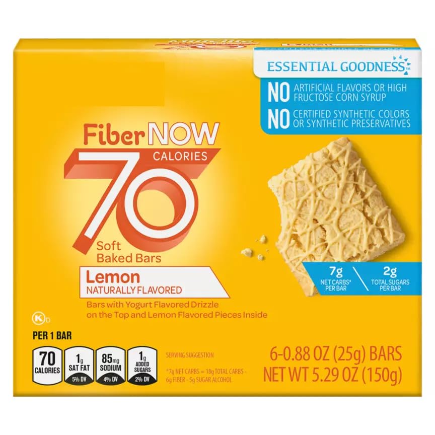 Fiber Now 70 Calorie Lemon Cake Bars 6 ct On the Go Low Carb (7g Net) Snack Snacking Food Treat Millville 5.29oz Box