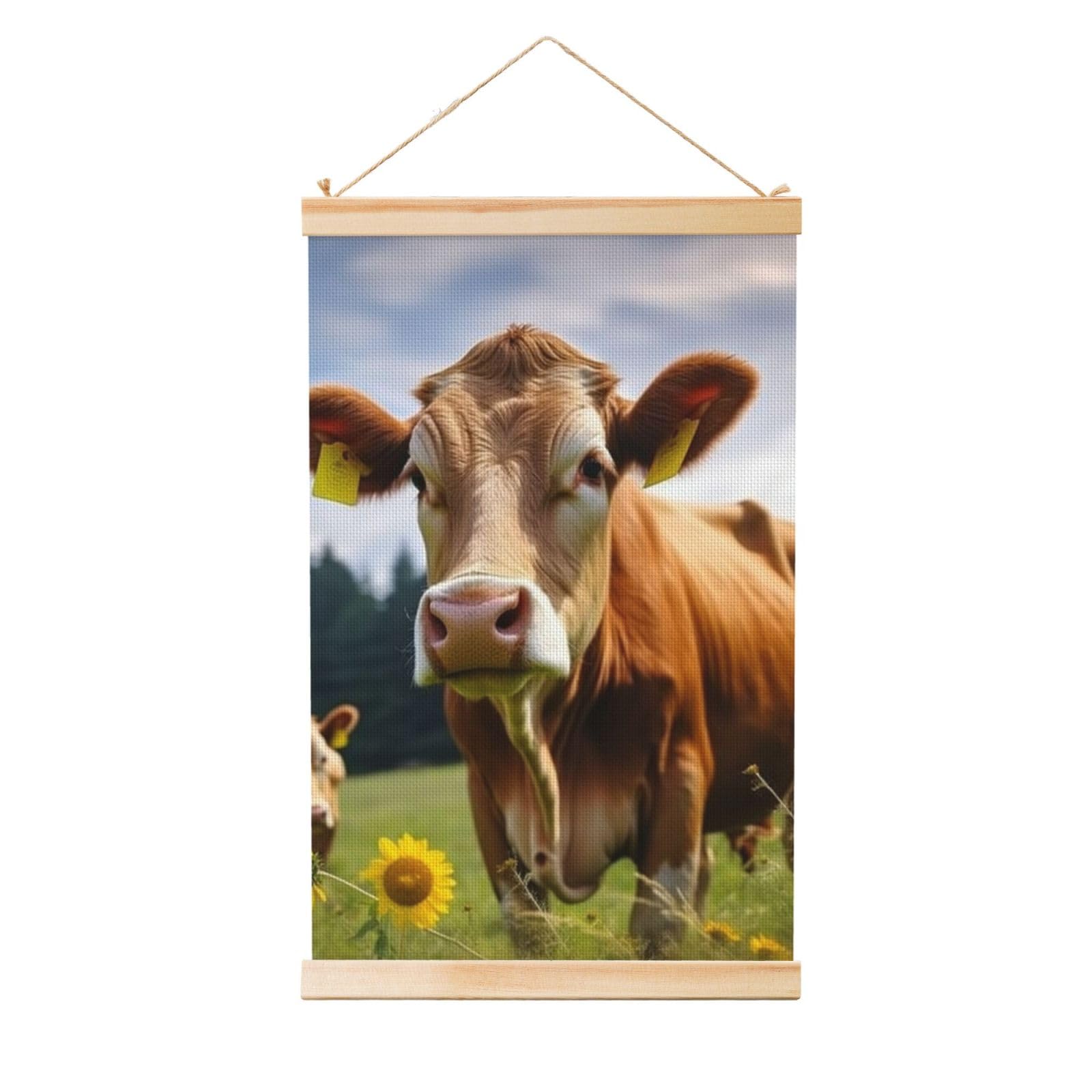Animal Brown Cow Posters Wooden Shaft Hanging Poster Canvas Prints Scroll Wall Art Painting Vintage Wall Banner Modern Artwork Decor for Home Decor Ready to Hang 20"x30"