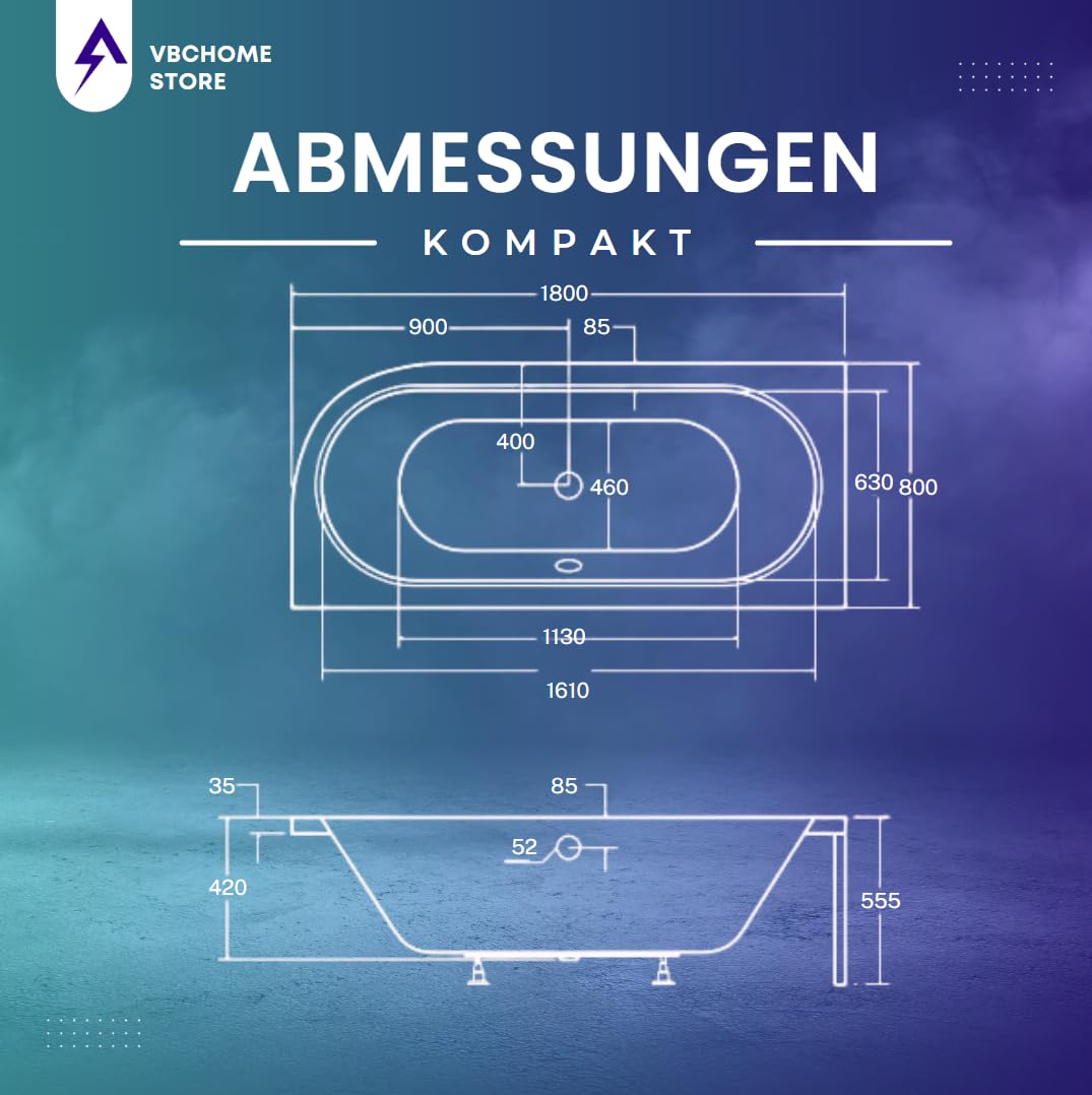 VBChome Badewanne 180x80 cm Acryl SET Schürze Siphon Wanne Ecke Eckbadewanne Weiß Design Modern Ablaufgarnitur in Chrom für 2 Personen links