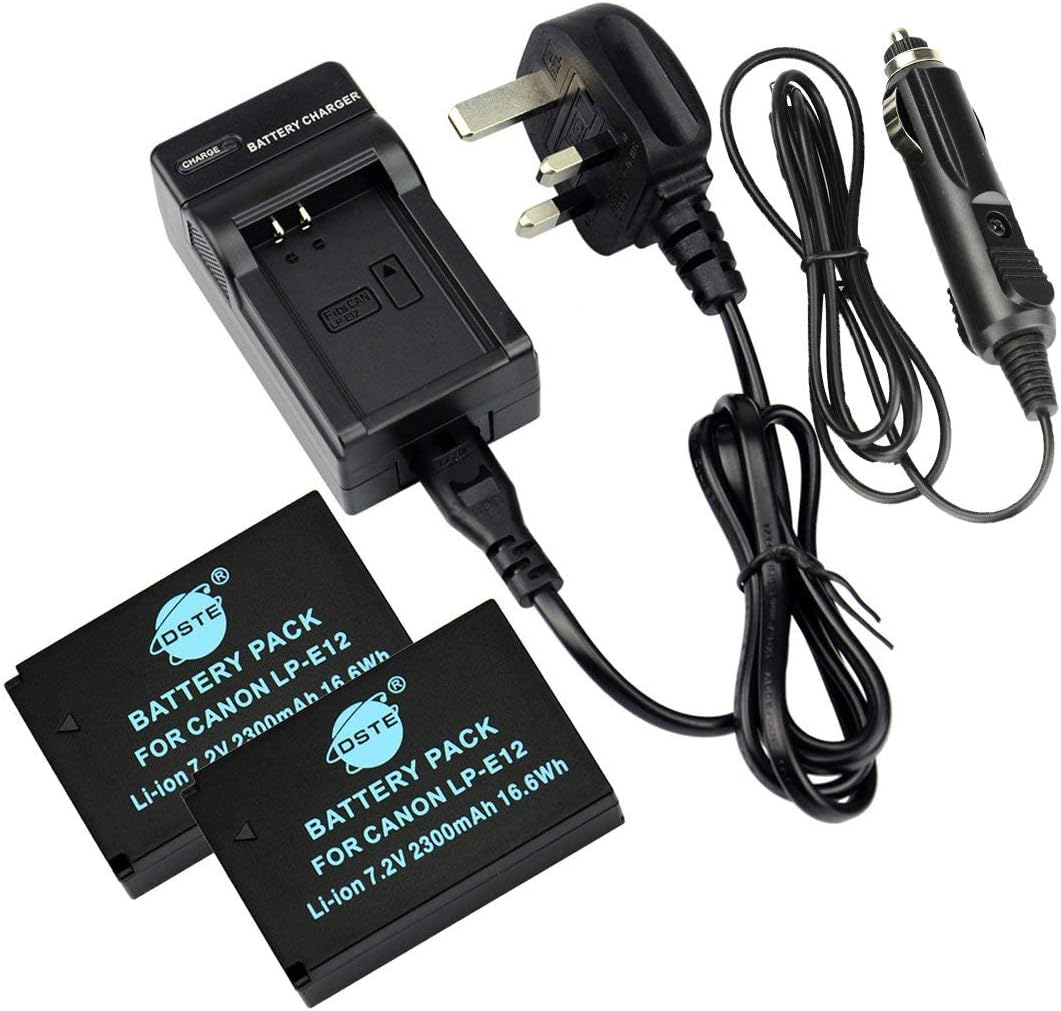 DSTE® 2x LP-E12 Rechargeable Li-ion Battery + DC136U Travel and Car Charger Adapter for Canon EOS M, EOS 100D, EOS Rebel SL1, EOS Kiss X7 Digital Camera