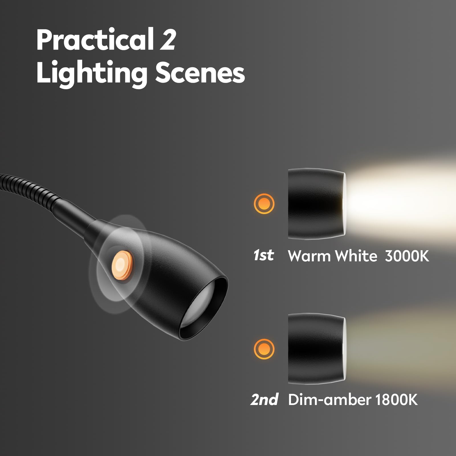 acegoo Lampada da lettura da parete, metallo luce da comodino libro dimmerabile 3000K/ambra, testa della lampada girevole, con interruttore flessibile collo d'oca nero (1 pack)