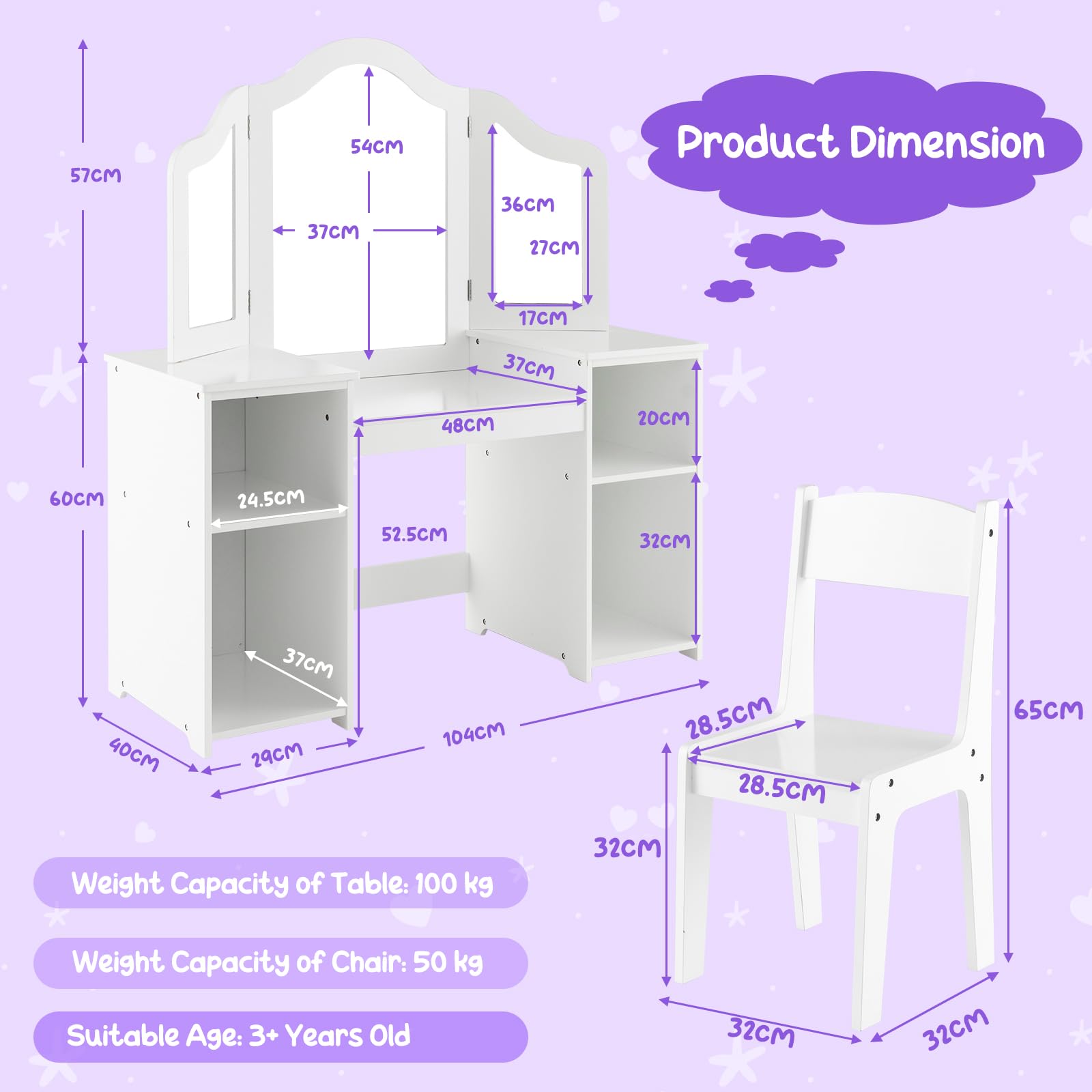 Juego de tocador 2 en 1 para niños con silla, mesa de maquillaje de madera para niñas, espejo extraíble, 4 cajones de almacenamiento, perfecto para decoración de sala de juegos y dormitorio