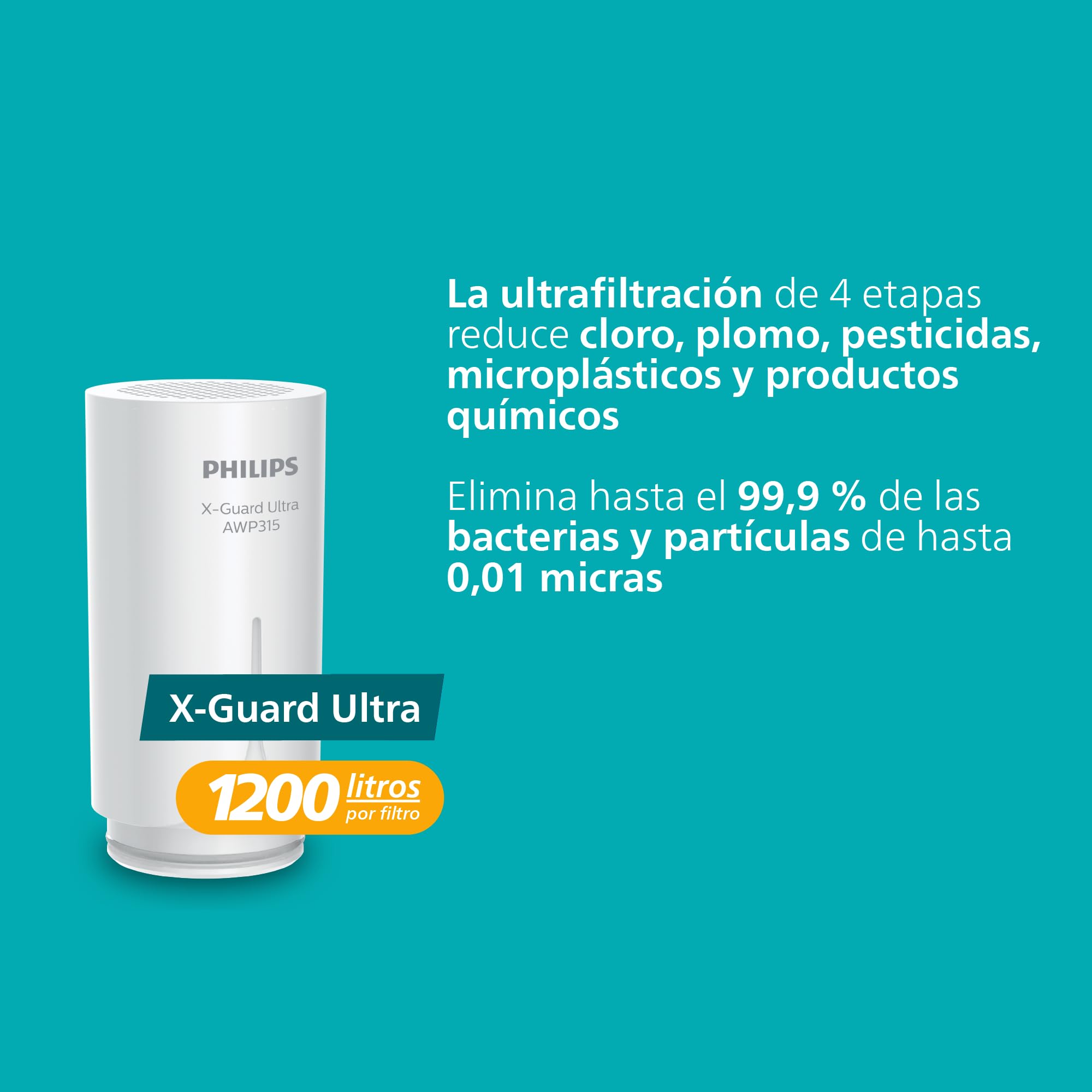 Philips Water Filtro de Grifo AWP3756P1/10, ULTRAFILTRACIÓN con PANTALLA DIGITAL, capacidad de filtración de 1200 L, reduce CLORO, PLOMO, MICROPLÁSTICOS y BACTERIAS