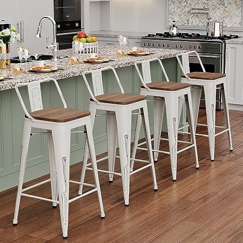Set of 4 Alunaune 24 Metal Bar Stools with Wooden Seats - Industrial Counter Height Kitchen Chairs in Distressed White