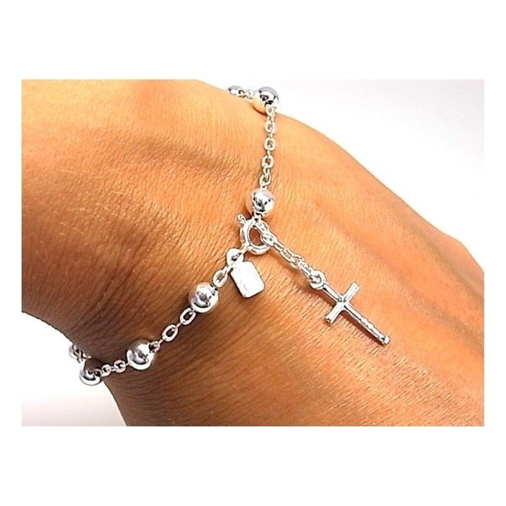 Bracciale in argento 18 centimetri Rosario 925m legge. palle 5mm. Cruz 15 mm. Chiudi REASA Donne