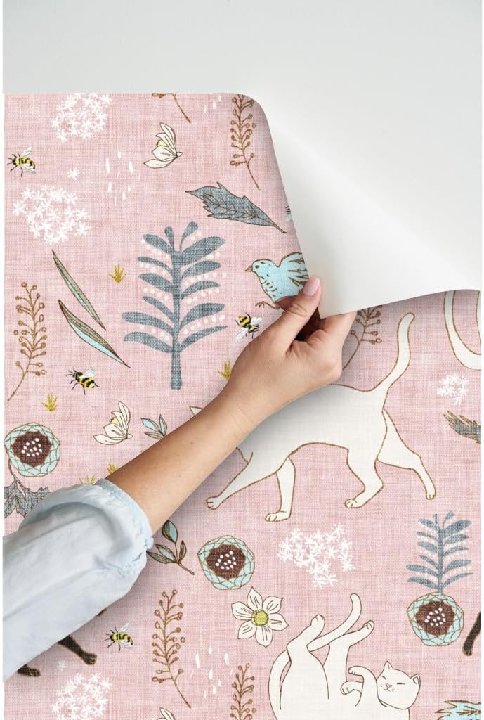 Peel & Stick Wallpaper 12ft x 2ft - Cat Bee Garden Flower Daffodil Flowers Dark Spring Summer Bird Blush Custom Removable Wallpaper by Spoonflower