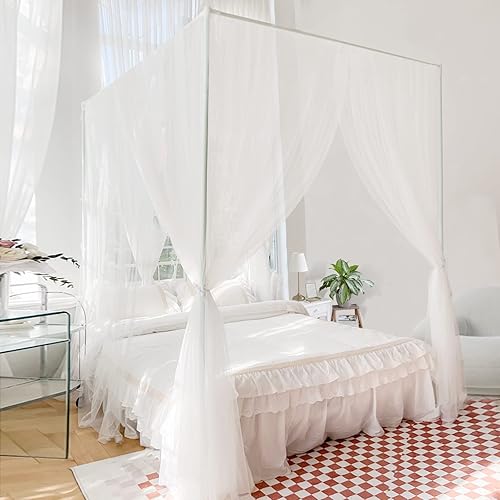 Tchvt Canopy Bed Curtains for Queen White Bed Canopy Curtains for Girls with Light & 8 Straps, Tulle Canopy Curtain with 8 Panels for Twin/Full/Queen, or Room Décor