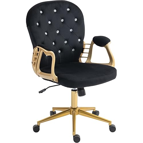 Velvet Home Office Desk Chair Comfy with Gold Base, Comfortable Swivel Makeup Chairs for Vanity with Back and Wheels, Button Tufted Armchair Rolling Chair for Girls Women Study Bedroom, Black