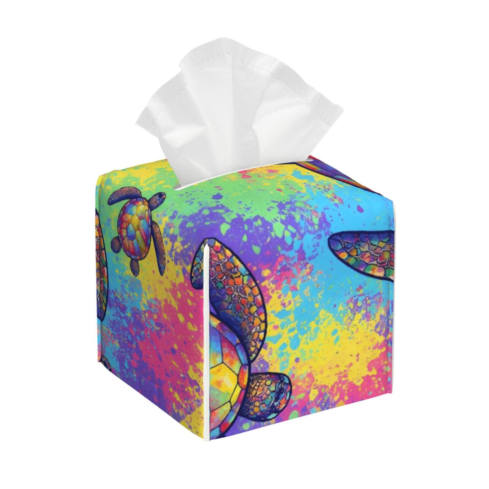 Watercolor Sea Turtle Leather Tissue Box Cover Holder Square Facial Paper Organizer 5.2" X 5.2" X 5.2"