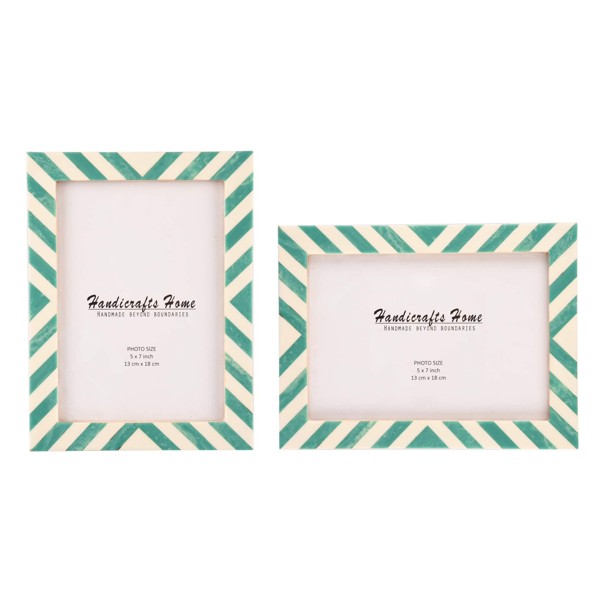 Handicrafts Home 5x7 Picture Frames Set of 2, Green & White Chevron Resin Inlay Decorative Photo Frames for Tabletop or Wall Display, Handmade Modern Home Decor for Living Room, Bedroom & Office