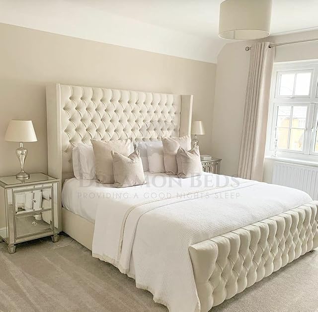 Wingback Bed Frame Double King Size Super King (Cream Plush, 5ft King Size)