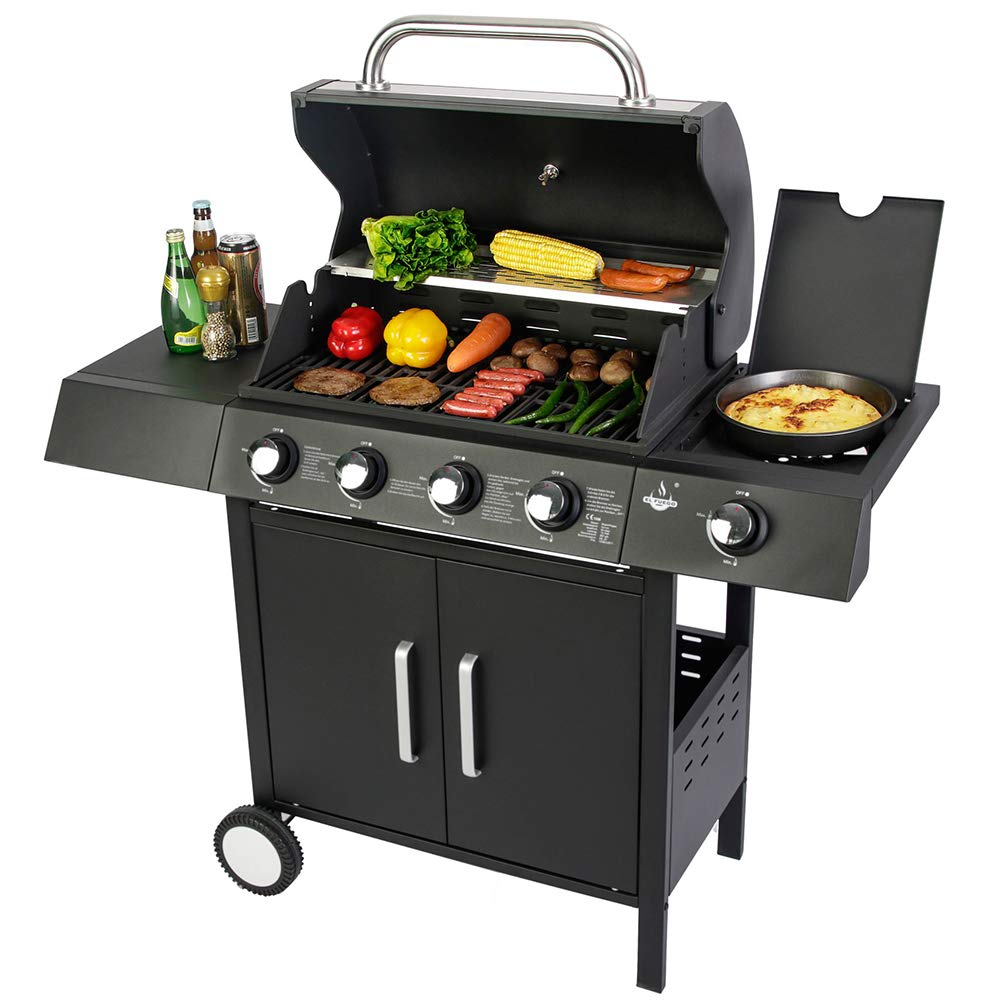 El Fuego® grill gazowy “San Angelo 4+1“ | 4 główne palniki + 1 boczny palnik | stal nierdzewna, w zestawie z wężem gazowym i reduktorem ciśnienia | grill na kółkach BBQ | AY 582