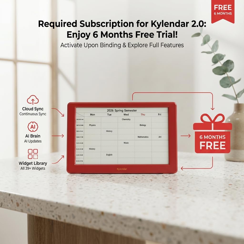 V2 Smart Digital Dashboard, 7 Inch E-Paper Customizable Display with Rechargeable Battery, Wi-Fi Information Hub for Weather, Calendar, Time Cards & Global Language, Home Office Decor (Red)