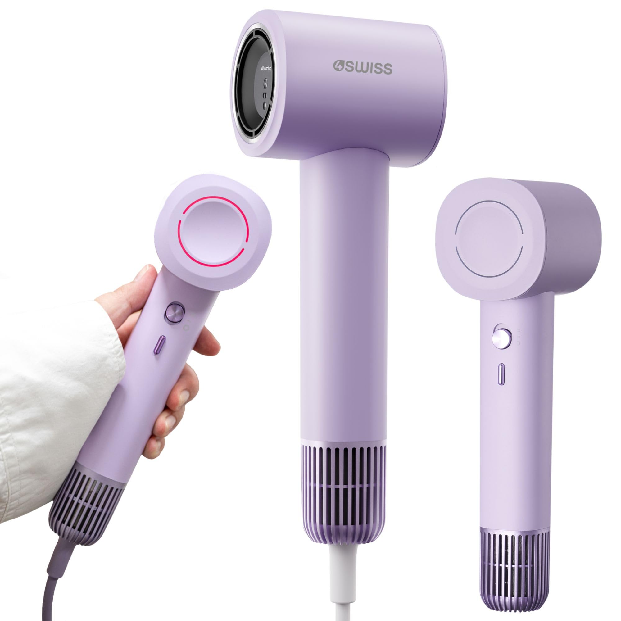 4Swiss Föhn mit Ionen Haartrockner Fön Hair Dryer für Haare Glatt Haarföhn Klein Reisefön Leise Handlich Hochleistungsföhn Hairdryer Leicht Zubehör Hair Dryer Blow Friseur - F326 SmartAI+ Lavendel