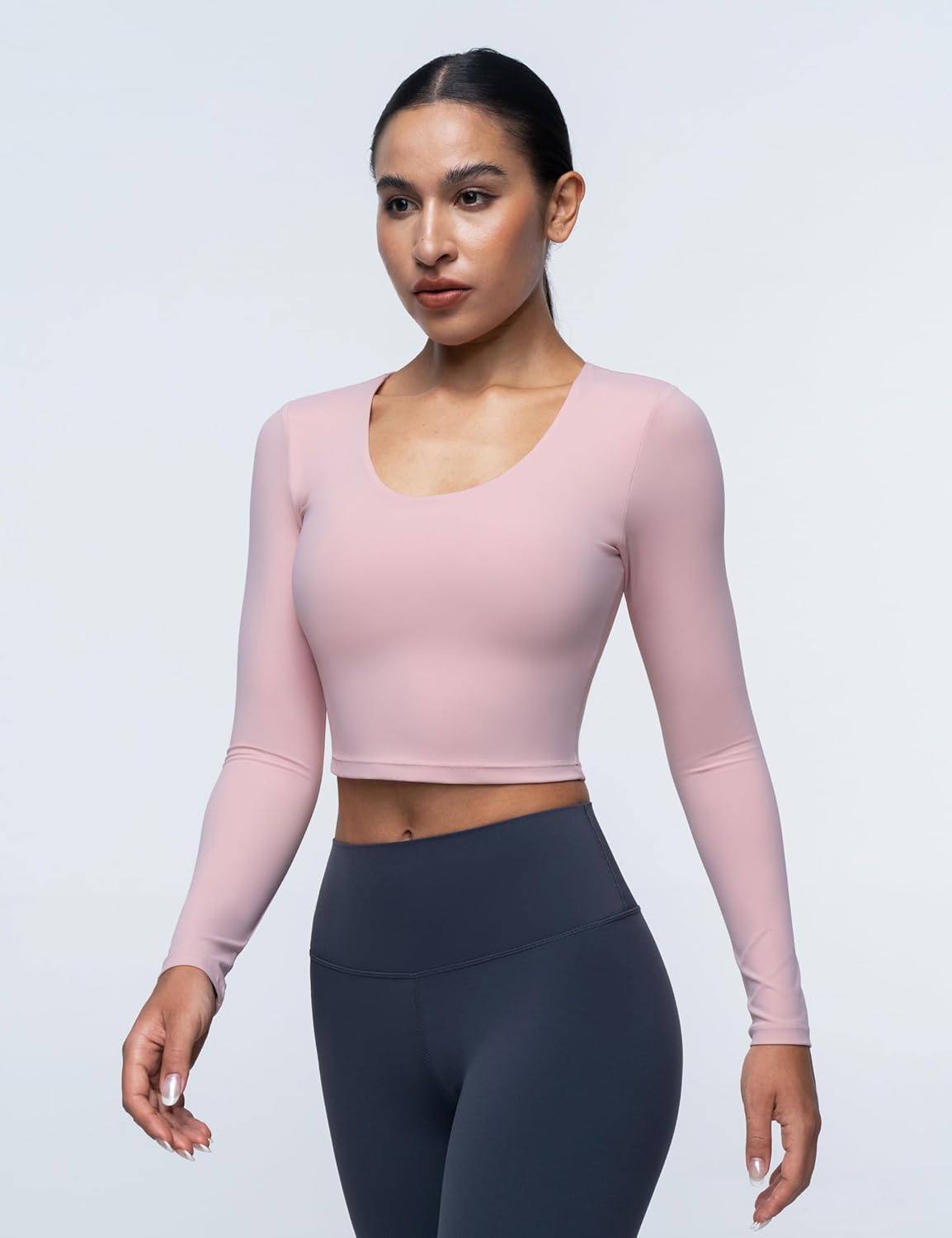Womens Long Sleeve Shirts Workout Crop Tops Yoga Tee Built in Bra Mild Support Cream Feeling Athletic Top U-Neck - Image 3
