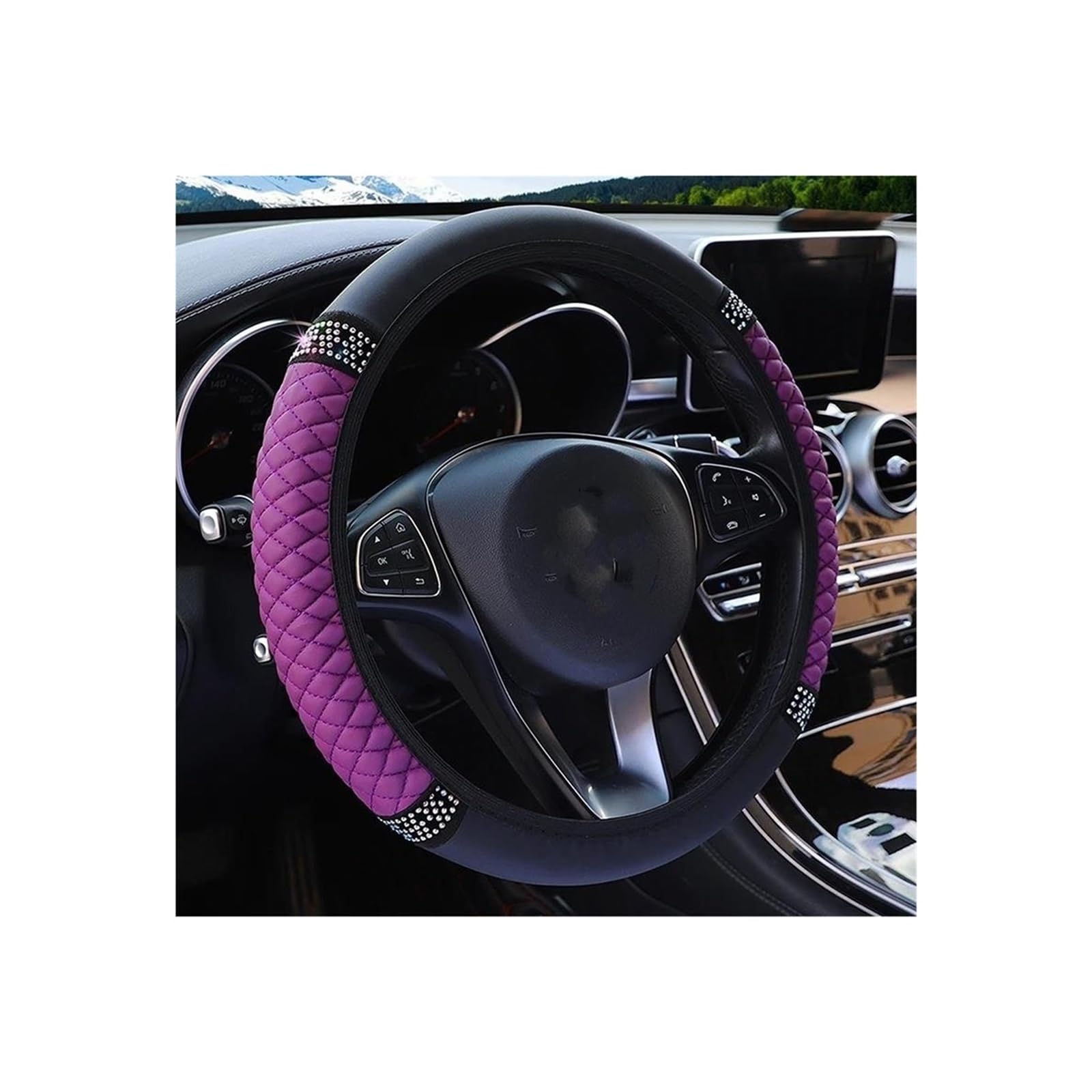 Pegatina Fundas para Volante 37-38cm Cuero Bordado Color Diamante Tachonado Elástico Cubierta del Volante Universal Protector para Volante De Coche (Color : Purple)