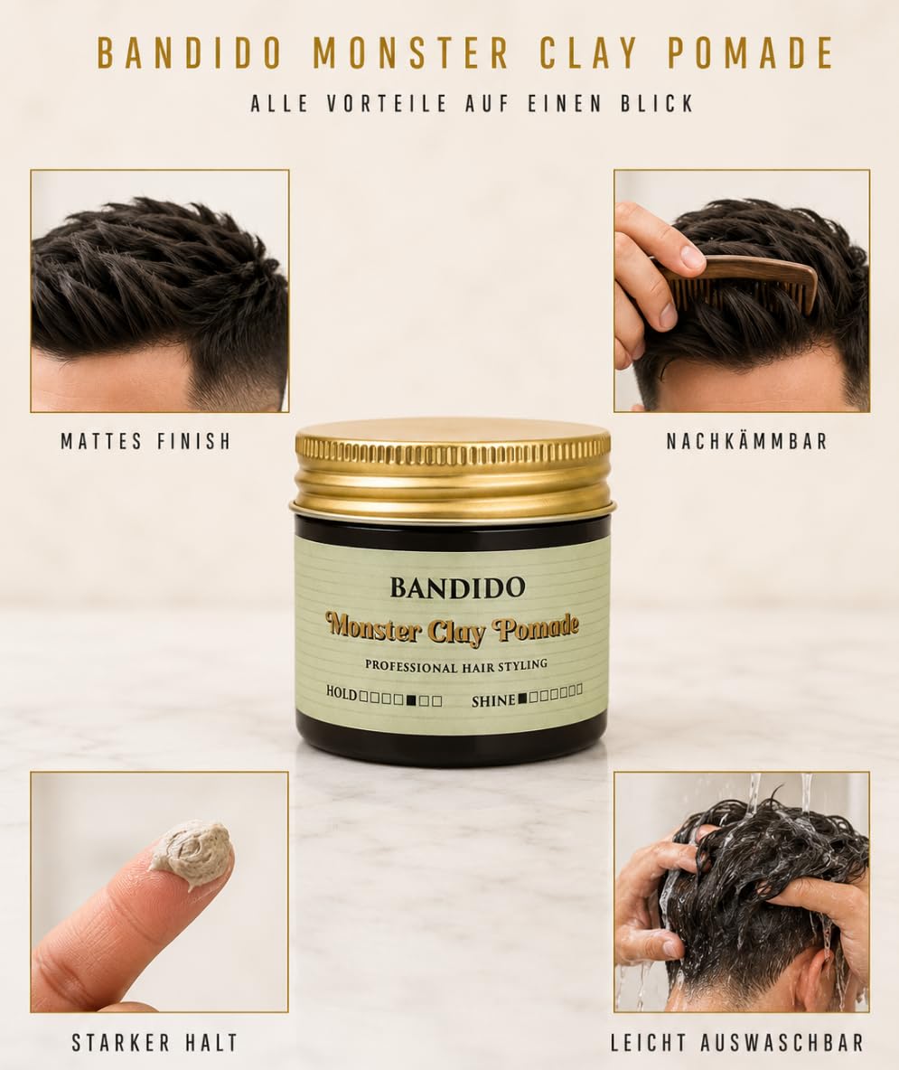 Bandido Monster Clay Pomade 125 ml – Cera para el cabello para hombre, mate, arcilla y pasta mate con fuerte sujeción, sin brillo, arcilla de estilo para textura, slick back y peinados modernos