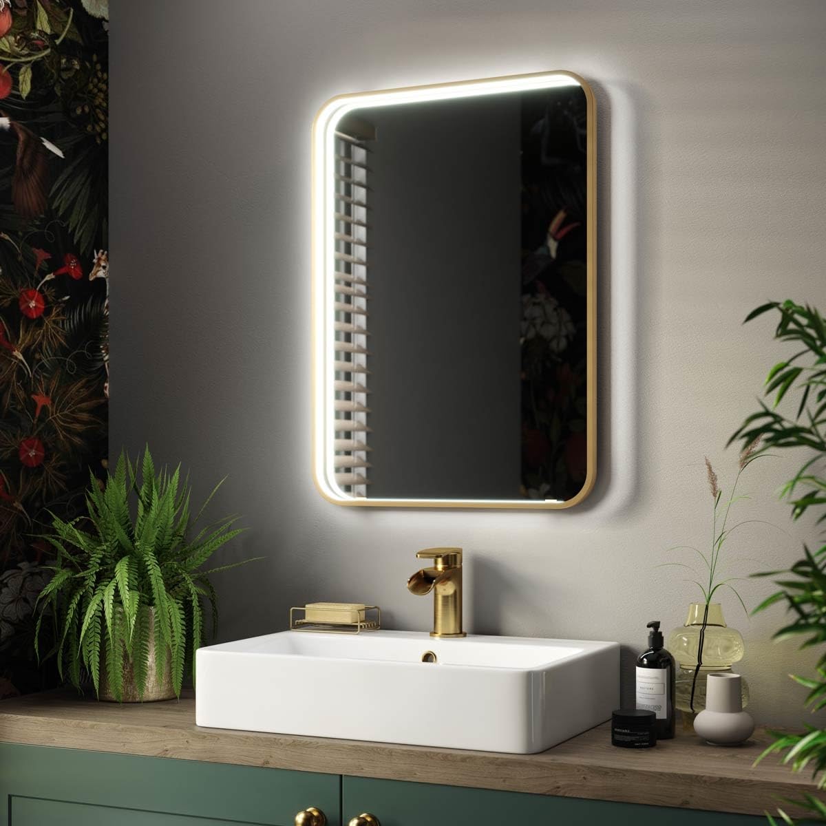 Pebble Grey Brushed Brass Illuminated Bathroom Mirror with LED Lights 500x700mm IP44 Rated - Luna Portrait 3 Colour Dimmable LED Bathroom Mirrors with Lights,Demister Pad,& Touch Sensor,Deep Framed