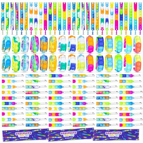 BONNYCO Bracelets et Porte cles Pop It, Pack 60 Cadeau Anniversaire Enfants Invites. Fidget Toys,...