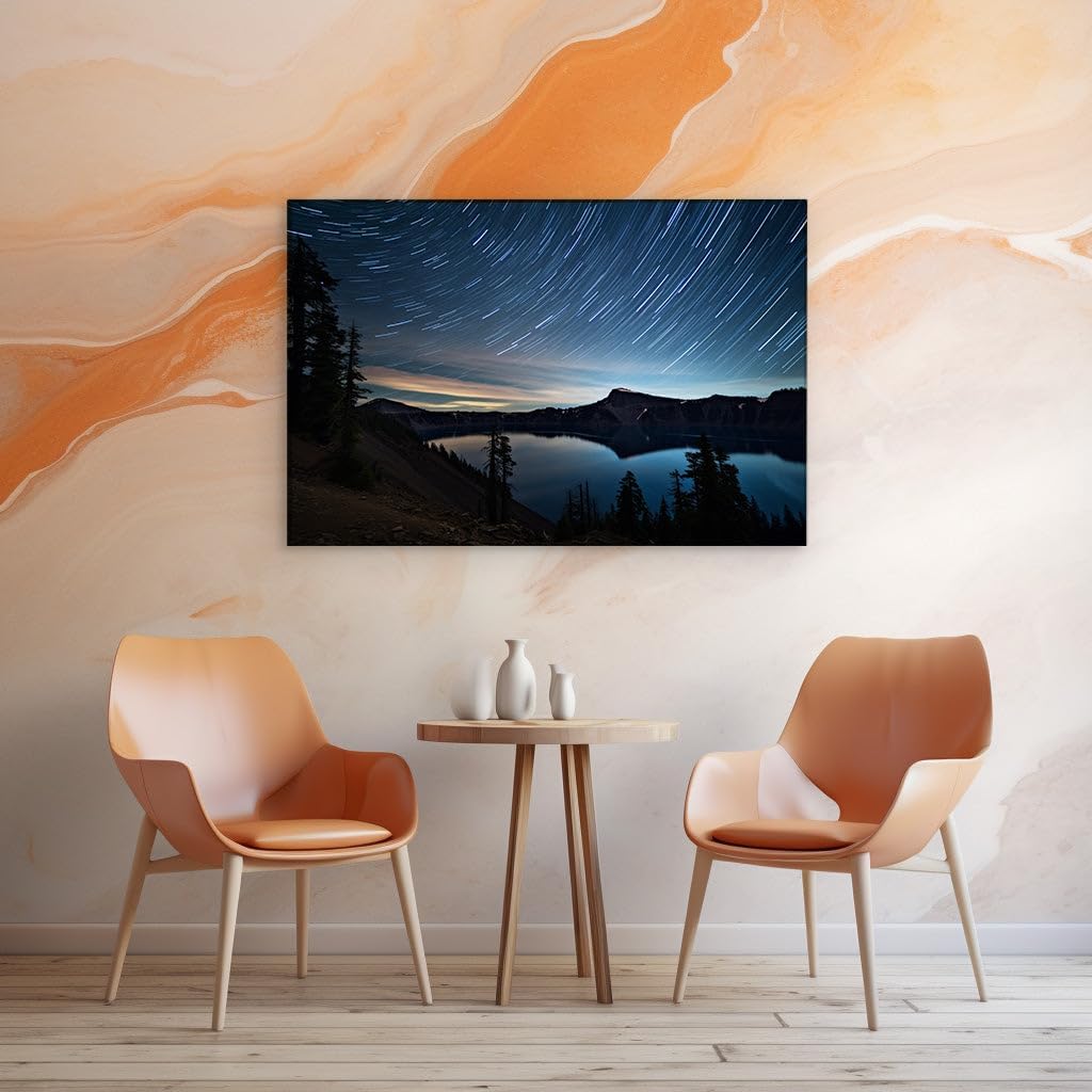 Canvas for Living room. Stargazing Serenity: A Timeless Night by the Mountain Lake, 27 x 18 inch Canvas Wall Art - Contemporary Masterpieces - Modern Home Decor