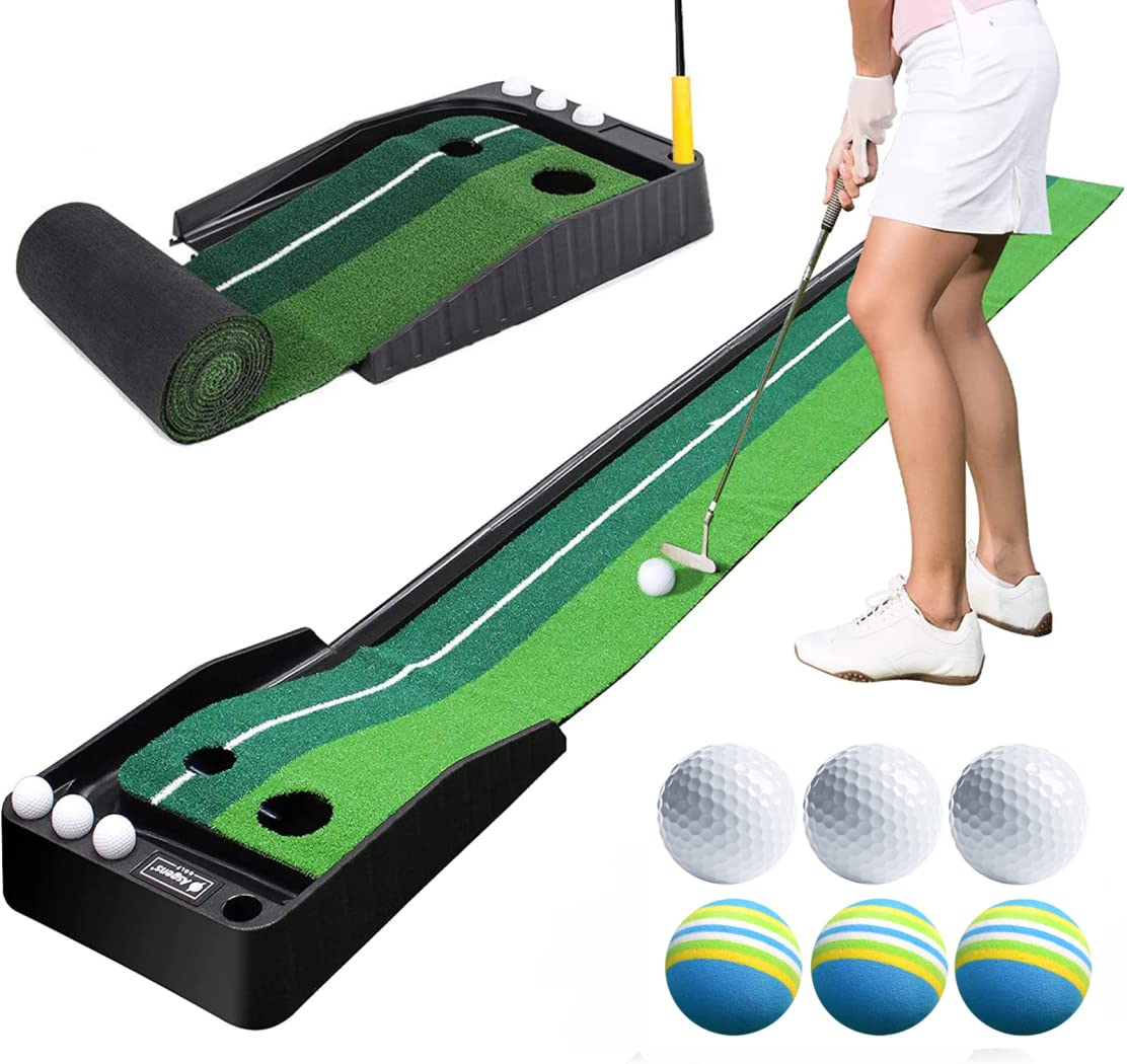 Putting Green - Alfombrilla de golf portátil con retorno automático de bolas, para interiores y exteriores, con 6 bolas adicionales, perfecta para práctica en casa y oficina