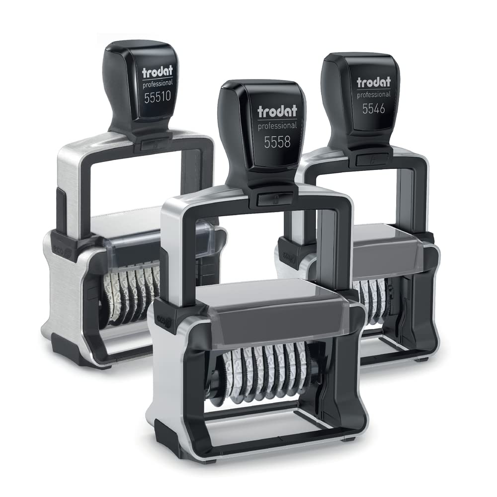 Trodat Professional 5558/PL Timbro Numeratore con Testo Personalizzato Autoinchiostrante, Impronta 56x33 mm, 8 Bande, Max 2+2 Righe, Cartuccia Rossa, Struttura Acciaio Inox, Robusto per Uso Intensivo