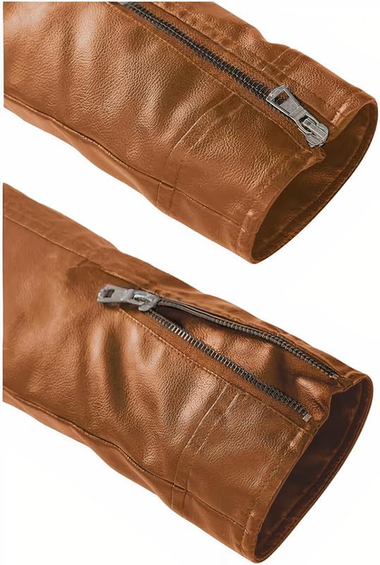 Image of Leather Retail Men Brown Faux Leather Biker Jacket with Zipper Pockets