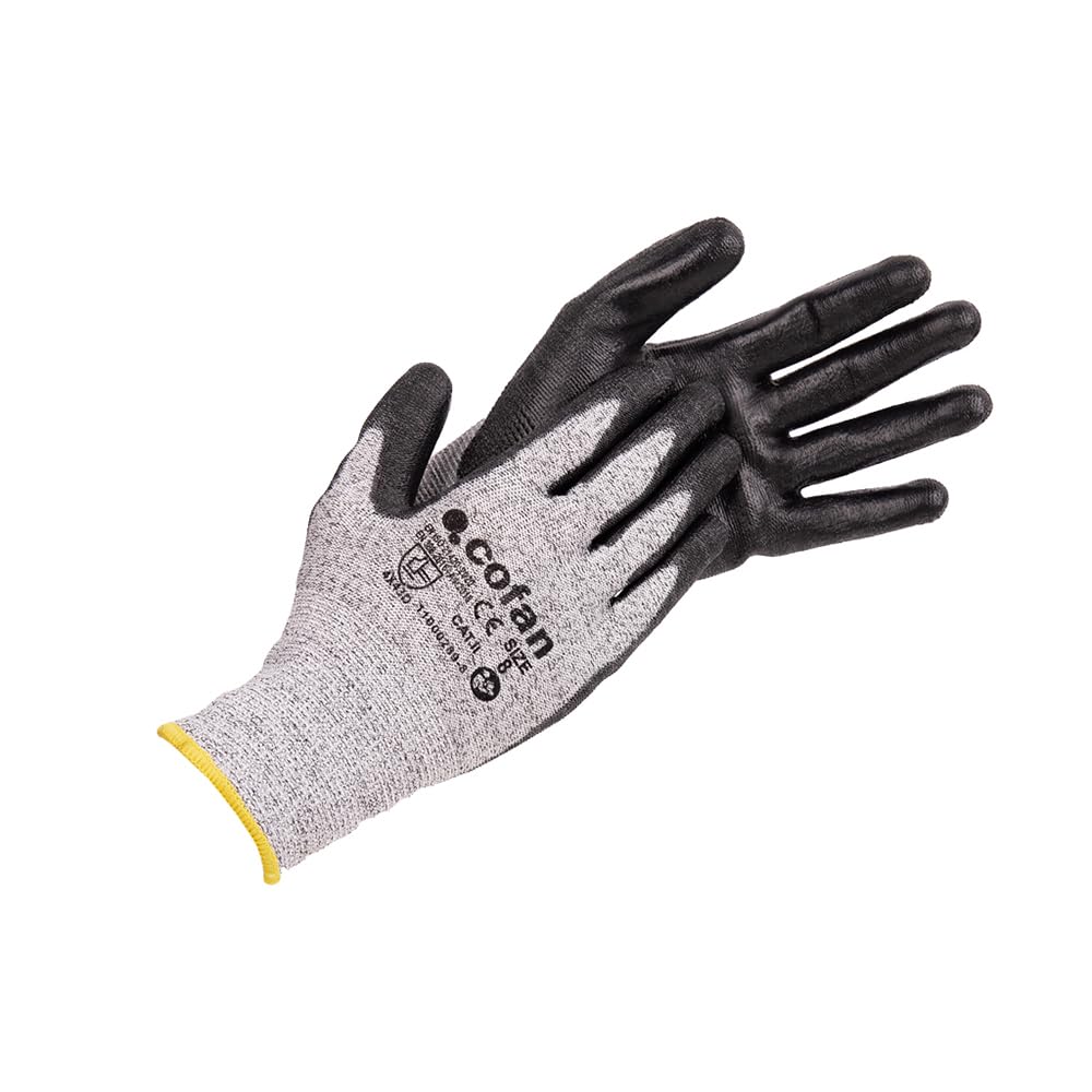 Cofan Gants anti-coupures ultra légers | Niveau D | HPPE + revêtement PU noir | EN 388 4X43D | Pack de 12 paires de gants ou format unitaire | Taille 7 | Protection mécanique (12, 7)