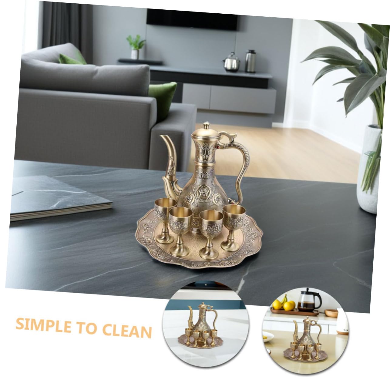SOIMISS Vintage Türkisches Kaffee Weingeschirr Set mit Kunstvoll Geprägtem Rosenmuster Metall Karaffe Gläser und Tablett Antikes Design für Tee Weingenuss Festliche Dekoration