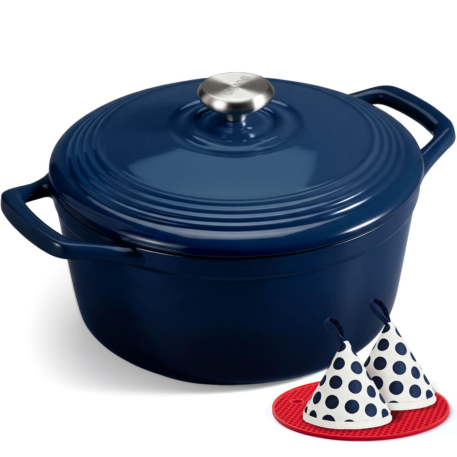 Overmont Enameled Cast Iron Dutch Oven - 5.5QT Pot with Lid Cookbook &amp; Cotton Potholders - Heavy-Duty Cookware for Braising, Stews, Roasting, Bread Baking Midnight Sapphire