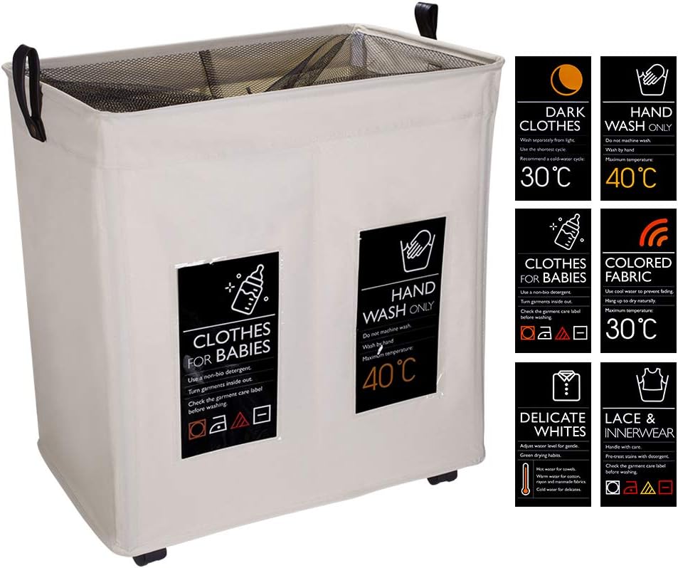 Large 2 Sections Foldable Laundry Basket with Wheels Waterproof Storage Washing Basket with Coriaceous Handles Collapsible Rolling Laundry Hamper Dirty Clothes Storage Cart, 100L (Beige)