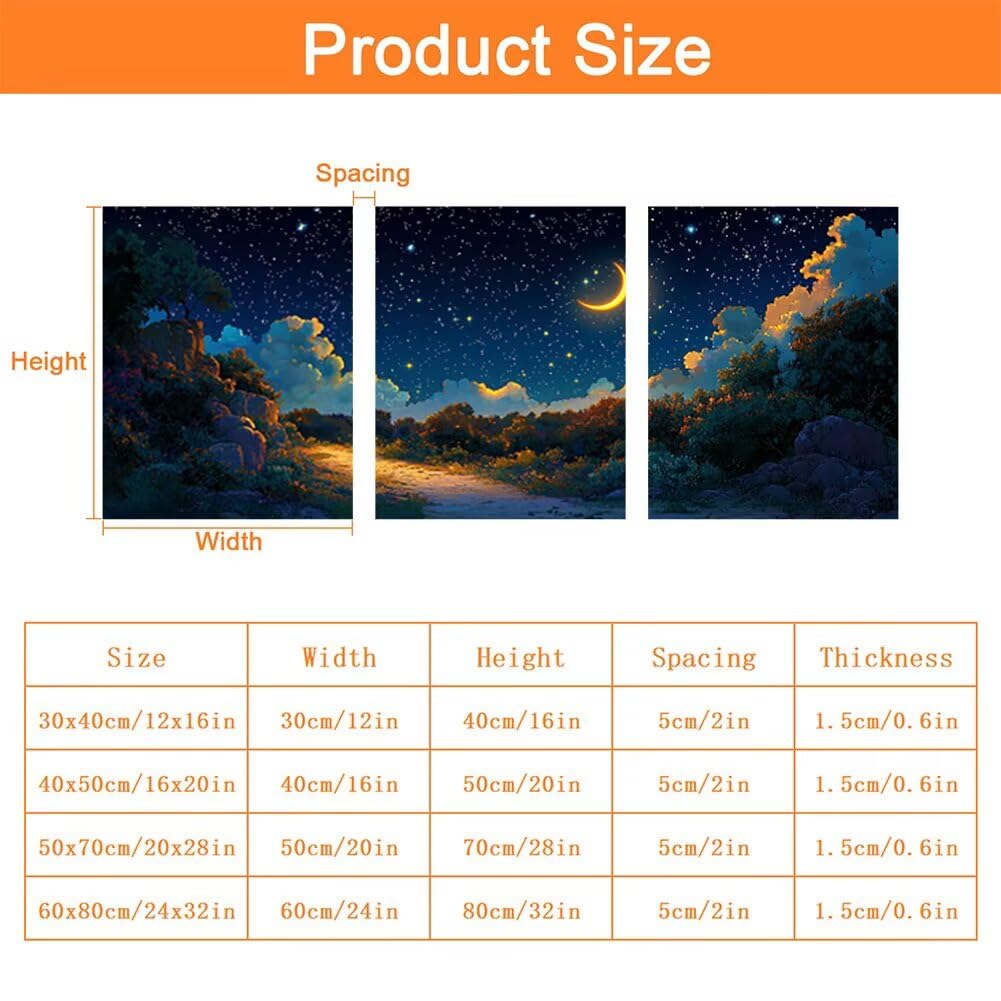 Wandbilder Landschaft 60x80cm, 3Pcs Leinwand Bilder Groß Wanddeko Wohnzimmer, Mond Leinwand Bilder mit Rahmen, Moderne Wandbilder Wohnzimmer Poster Set mit Haken, Wand Deko Schlafzimmer Poster, -2070