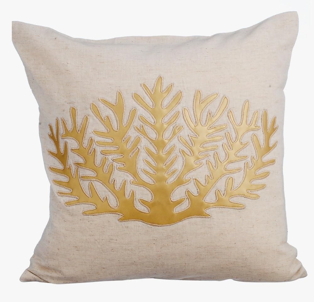 The HomeCentric Beige Cushion Covers Mediterranean Floral Cushion Covers, 30x30 cm (12x12 inch) Cotton Linen Cushion Cover, Sea Creatures Ocean And Beach Metallic Faux Leather Applique- Gold Sea Weeds โ image 1