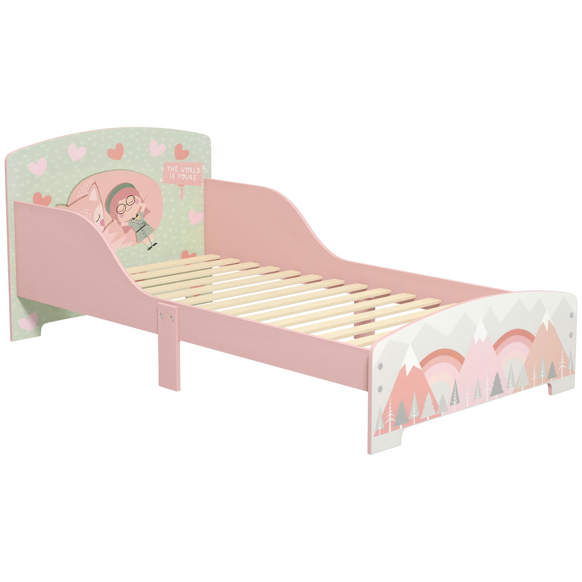 ZONEKIZ Letto per Bambini 3-6 Anni con Bordi Rialzati, Lettino per Bimbi 140x70 cm con Doghe e Fantasia con Animali, Rosa