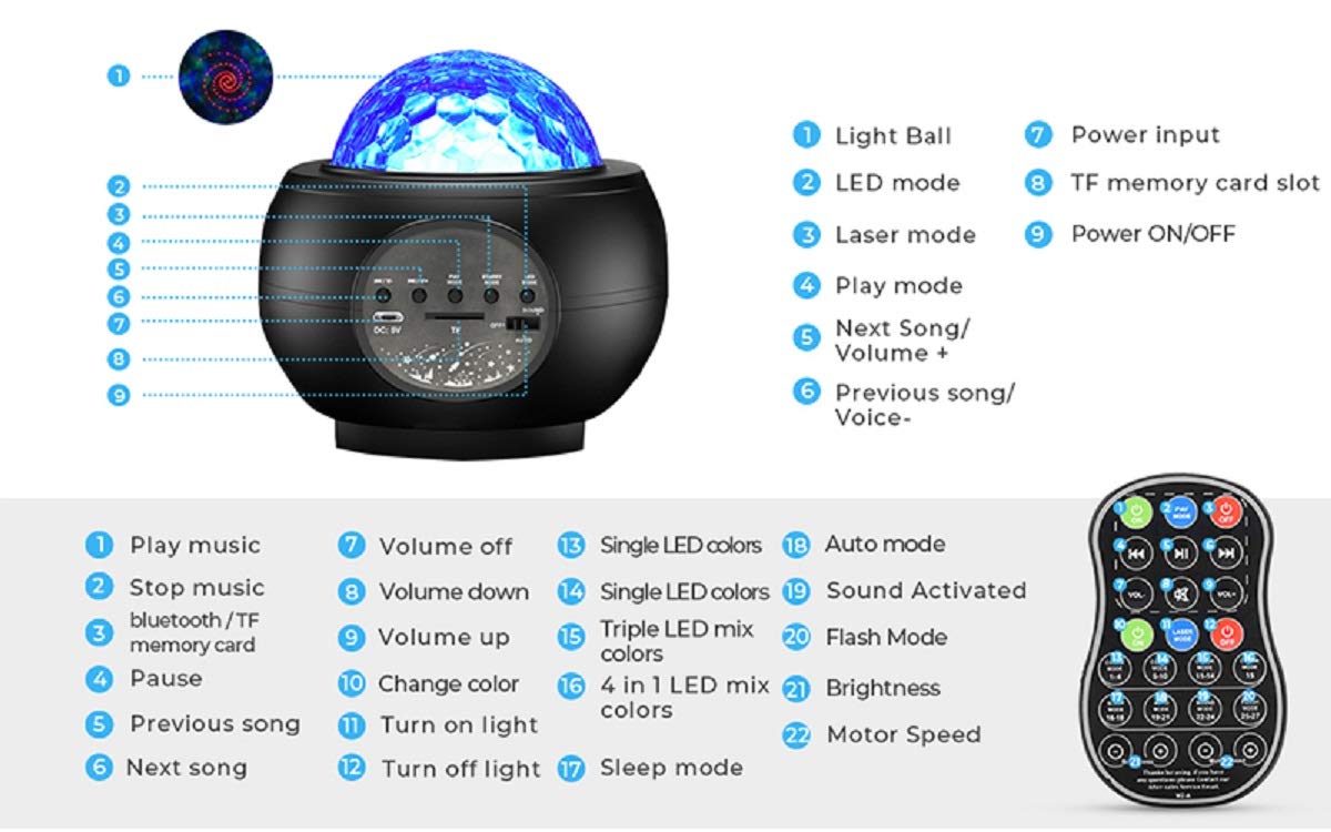 Projektor gwiazd z projektorem światła nocnego z galaktyką LED, projektor fal oceanu, głośnik muzyczny Bluetooth, do pokoju dziecięcego, pokoju zabaw, na imprezę, do kina domowego, atmosfera