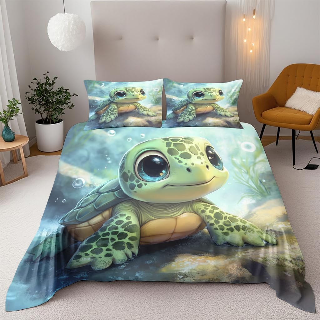 Cute Big Eyed Green Sea Turtle Single Duvet Cover Set 135X200Cm 3D Printed Bedding Set 3 Pieces Soft Microfiber Polyester Quilt Cover With 2 Pillowcases Zipper Closure Design For Kids Teens Adults