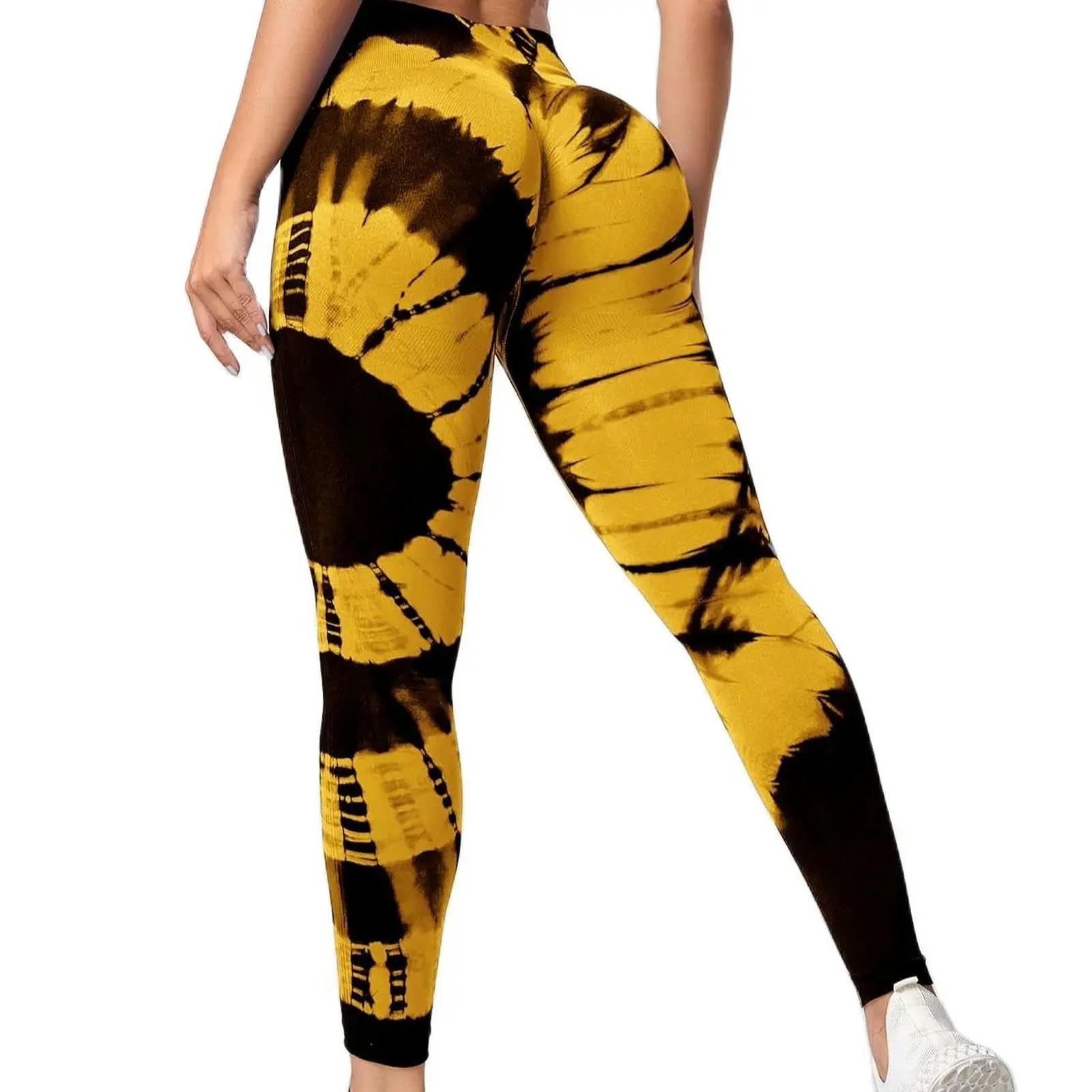 Legginsy dla kobiet Wielka Brytania bezszwowe legginsy dla kobiet fitness spodnie do jogi wysoka talia tie dye legginsy trening Scrunch lifting pośladków-żółty czarny-L