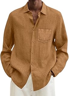 Camisas de lino con botones para hombre, estilo casual, de manga larga, estilo hippie, playa, trabajo, mezcla de algodón, camiseta de lino para hombre, camisa de manga larga con botones, ajuste