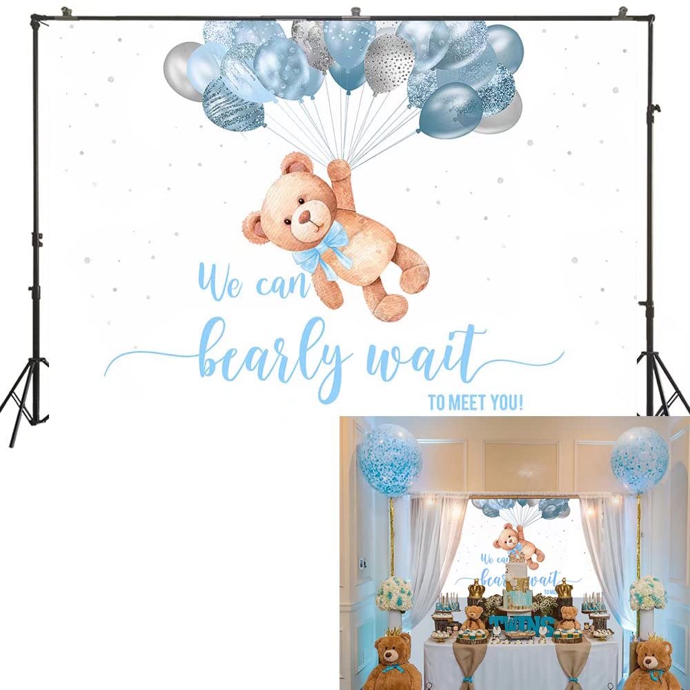 HUAYI We Can Bearly Wait to Meet You Baby Shower Backdrop Teddy Bear Decoration Background Pastel Tone Blue Boy Babyshower Backdrops 6.5x5ft