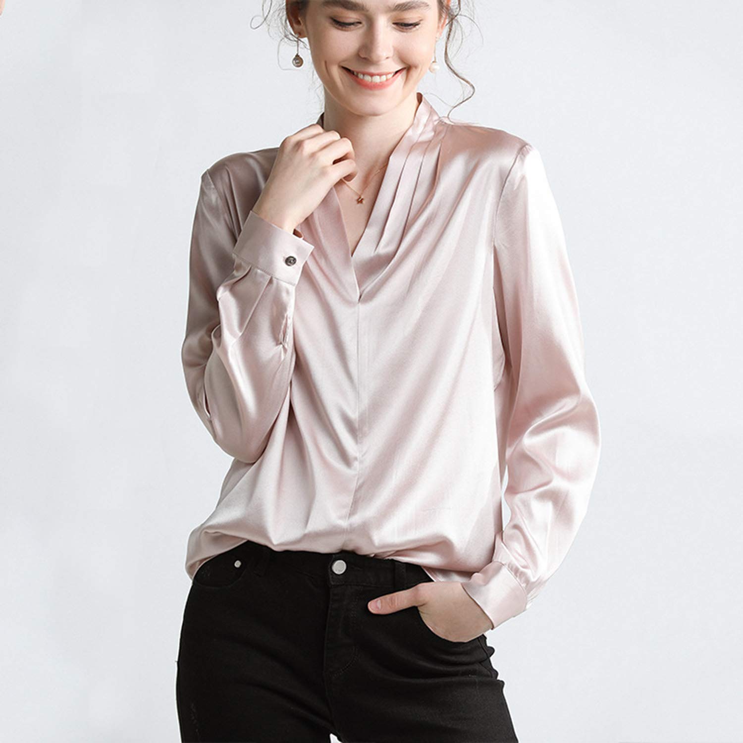 Camicia Donna in Seta con Scollo A V, Blusa Elegante, Top Leggero A Molle, Camicia Basic da Ufficio